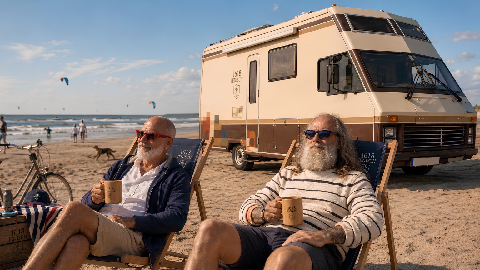 Tommy und Ulli sitzen am Strand vor dem Menschanders-Fahrzeug